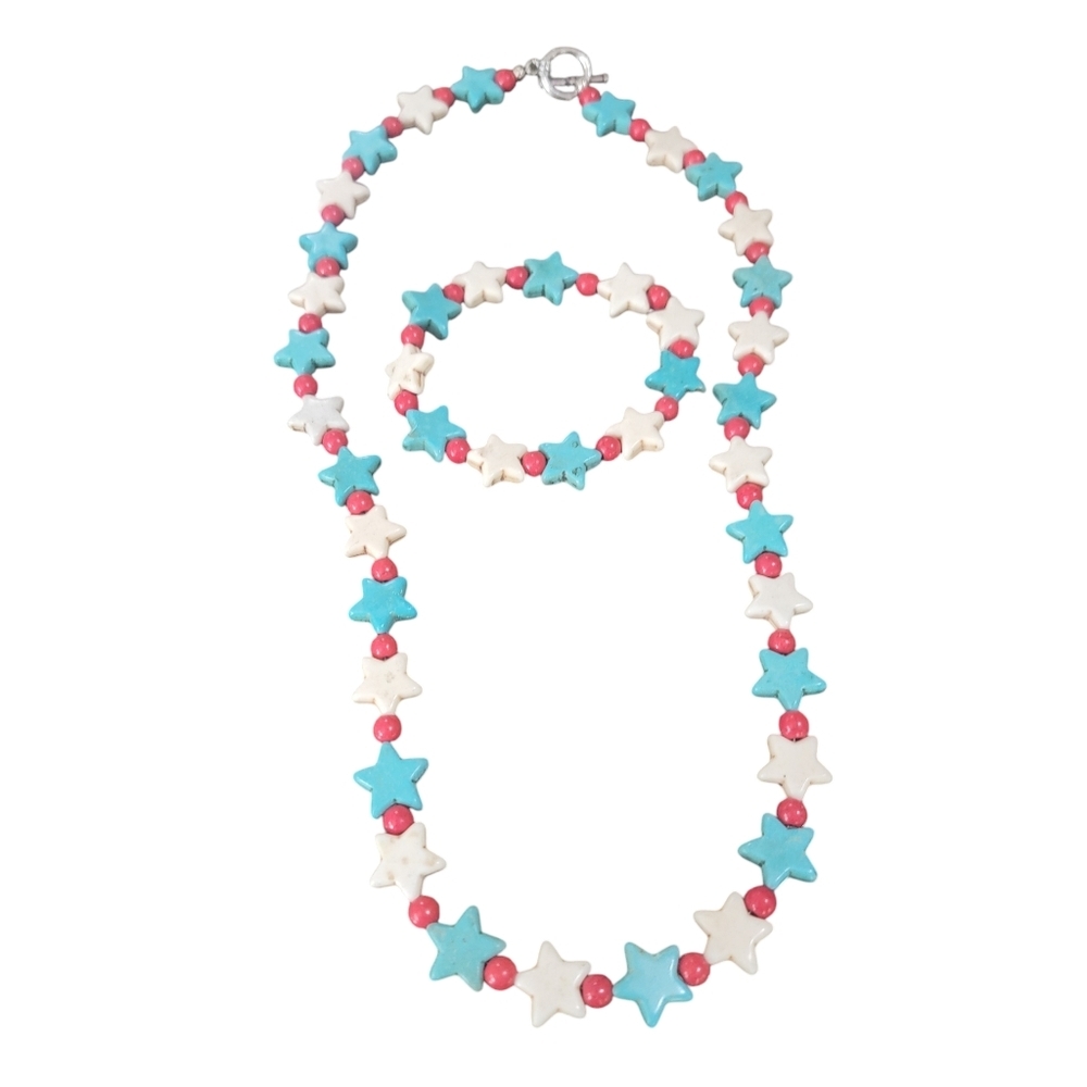 Patriotic Turquoise and White Star Necklace and Bracelet set with red beads - Picture 5 of 5